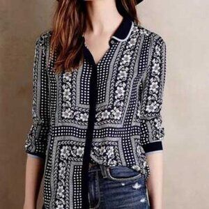 Maeve by Anthropologie Navy and White Button Front Blouse Size 2